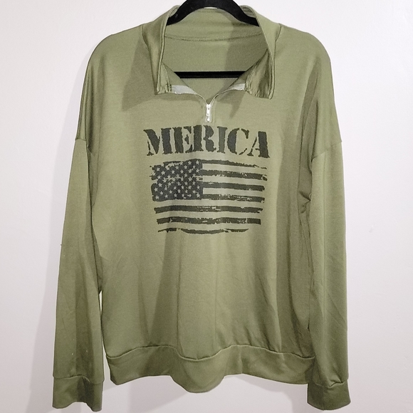 SOLD!American Flag "MERICA" EUC Long Sleeve Zip-Up Pullover Sweater T-Shirt - XL - Picture 2 of 7